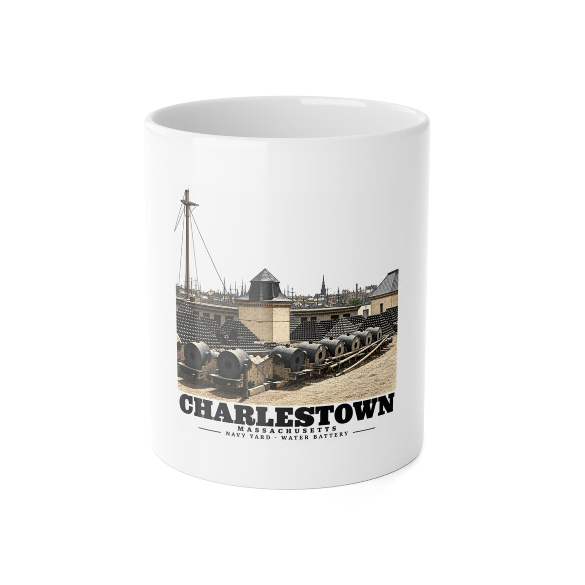 Front of white 11 oz ceramic mug with Water Battery artwork and Charlestown lettering