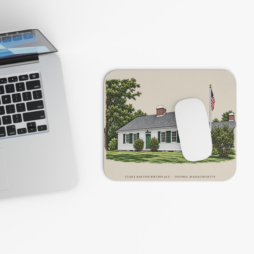 Oxford Clara Barton Birthplace mouse pad mockup showing the full illustrated print