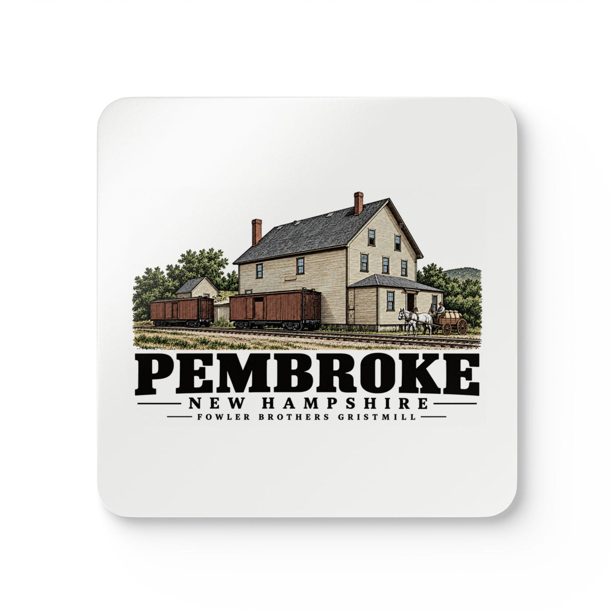 Pembroke Fowler Brothers gristmill and grain storehouse with boxcars Cork Back Coaster Set - Merrimack Valley Goods