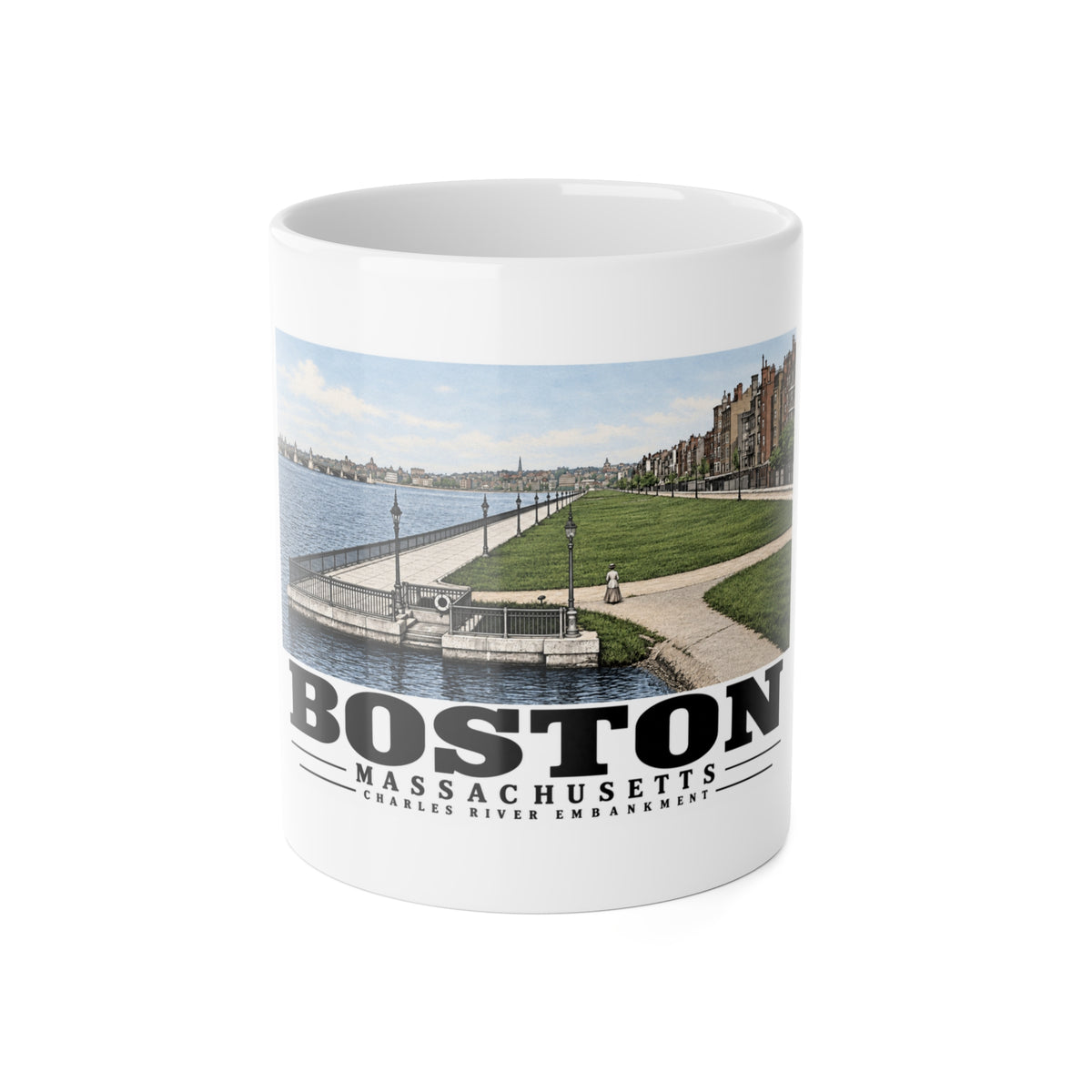 White mug showing Charles River Embankment riverside path, lawn and buildings artwork and Boston lettering