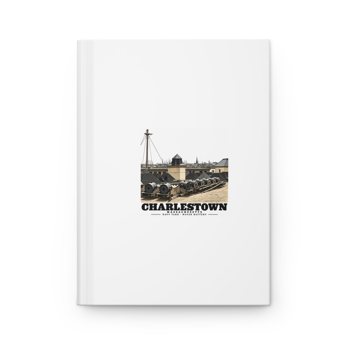 Front of matte hardcover journal with Water Battery artwork and Charlestown lettering