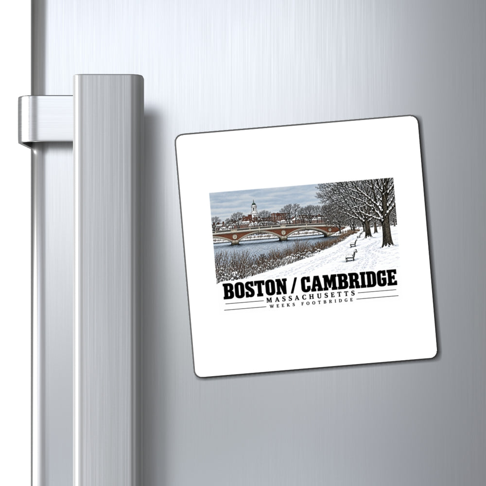 Weeks Footbridge winter riverbank view with snow and benches magnet on a refrigerator beside its handle