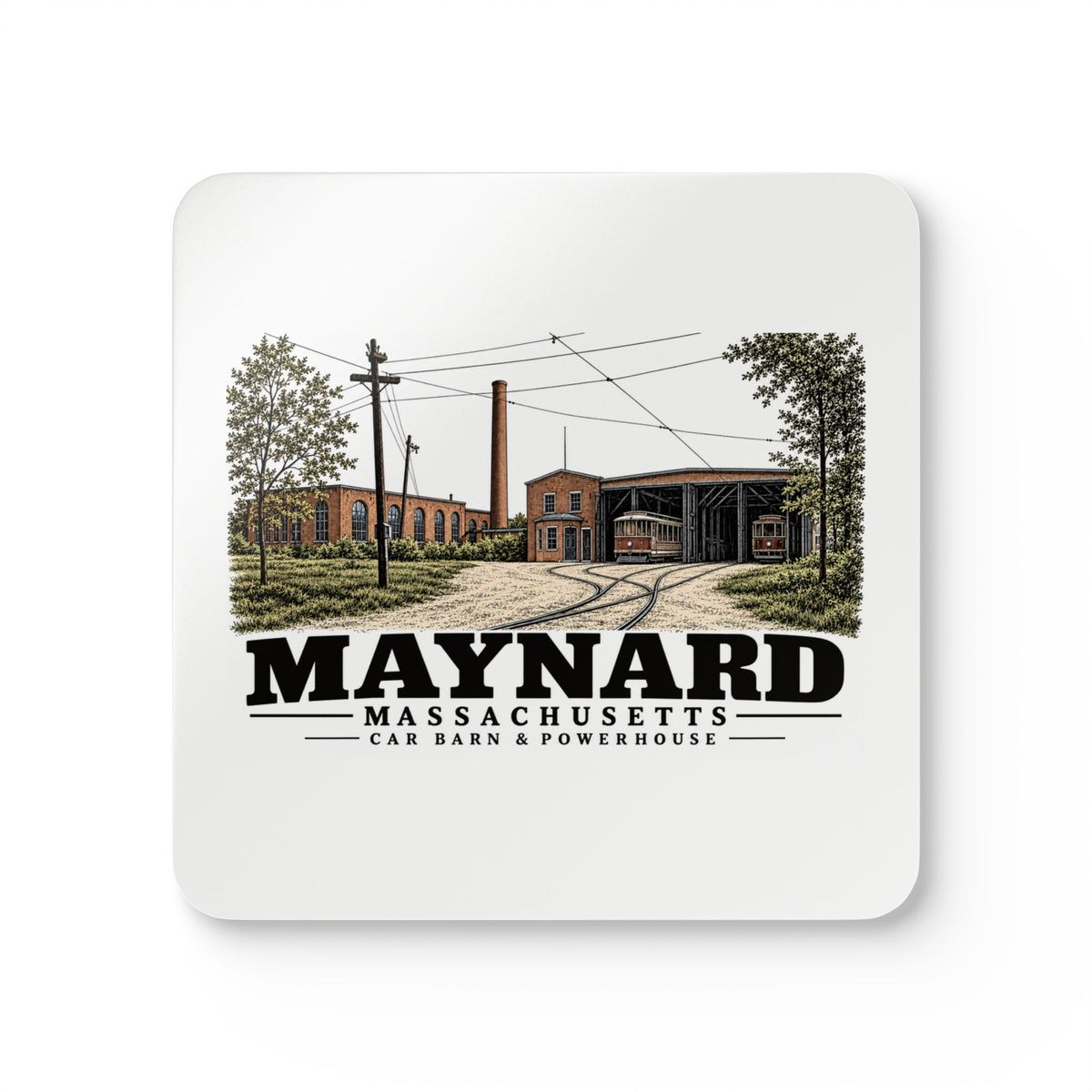 Illustrated Car Barn & Powerhouse in Maynard on corkwood coaster set