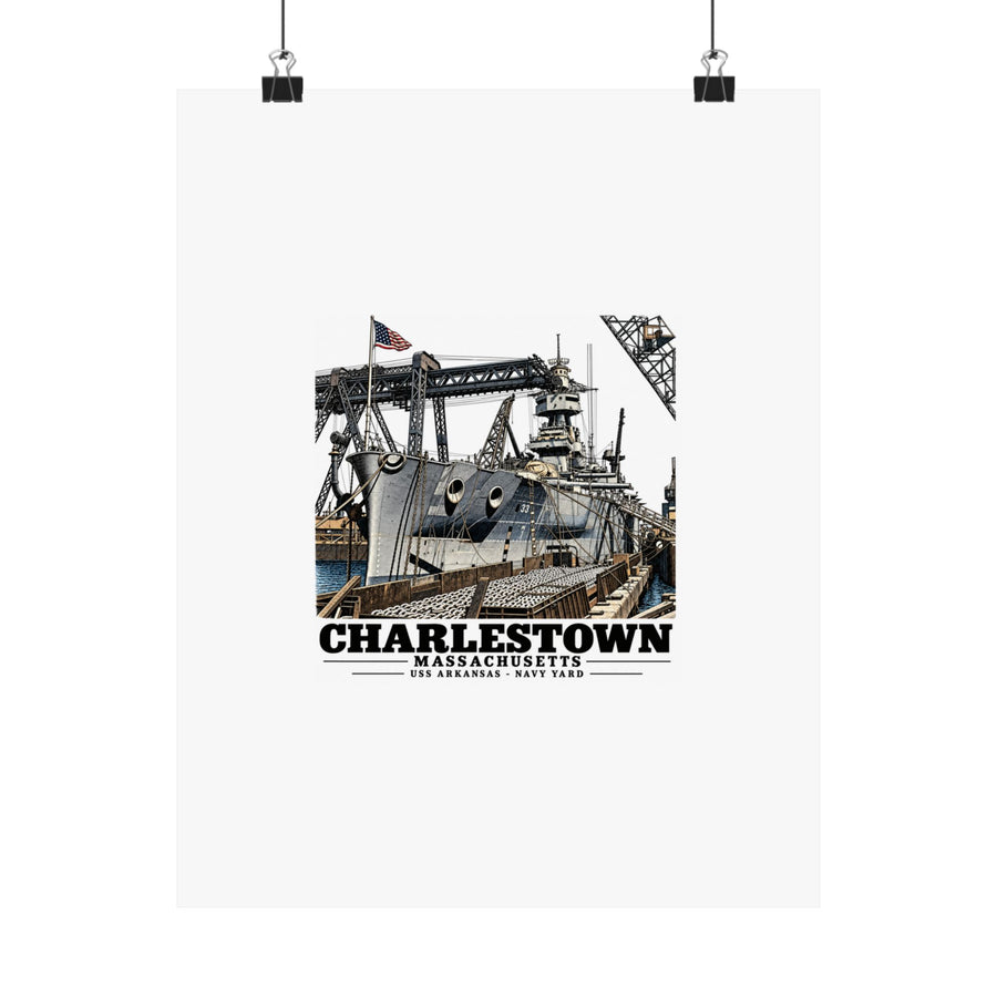 11 x 14 inch matte poster hanging from clips with USS Arkansas and Charlestown artwork