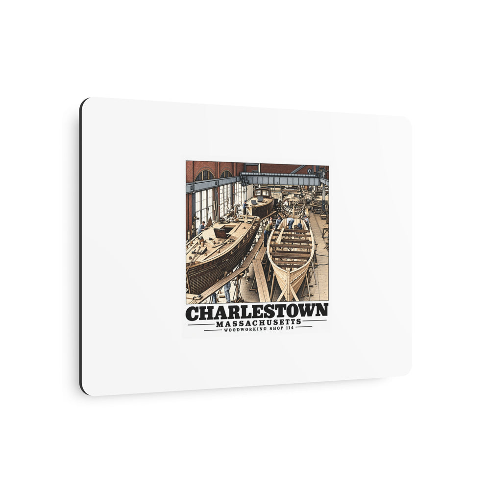 Angled small-boat building metal artwork showing white front and thin edge