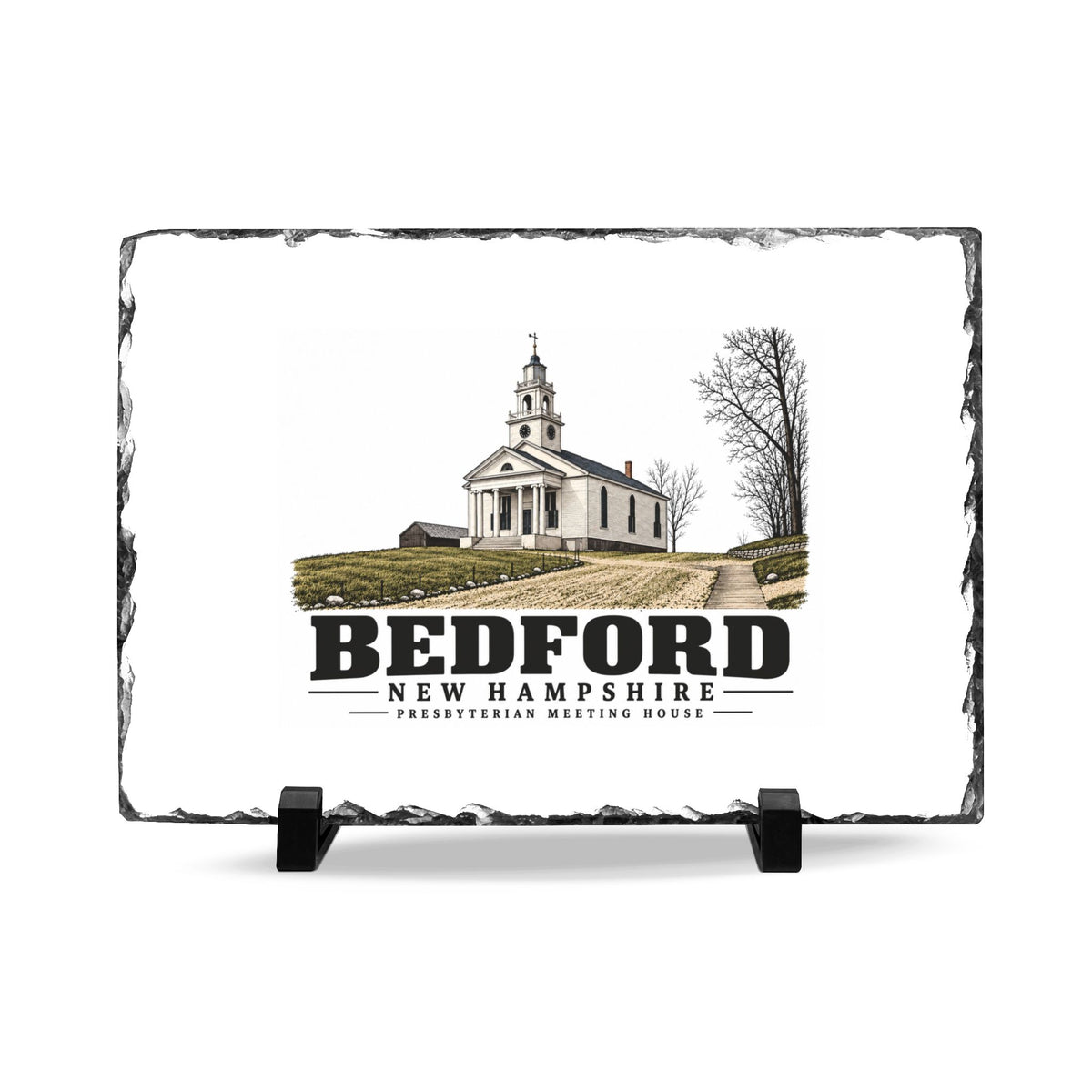 Front on display stands of Presbyterian Meeting House slate desk plaque, with Bedford, New Hampshire artwork and lettering.