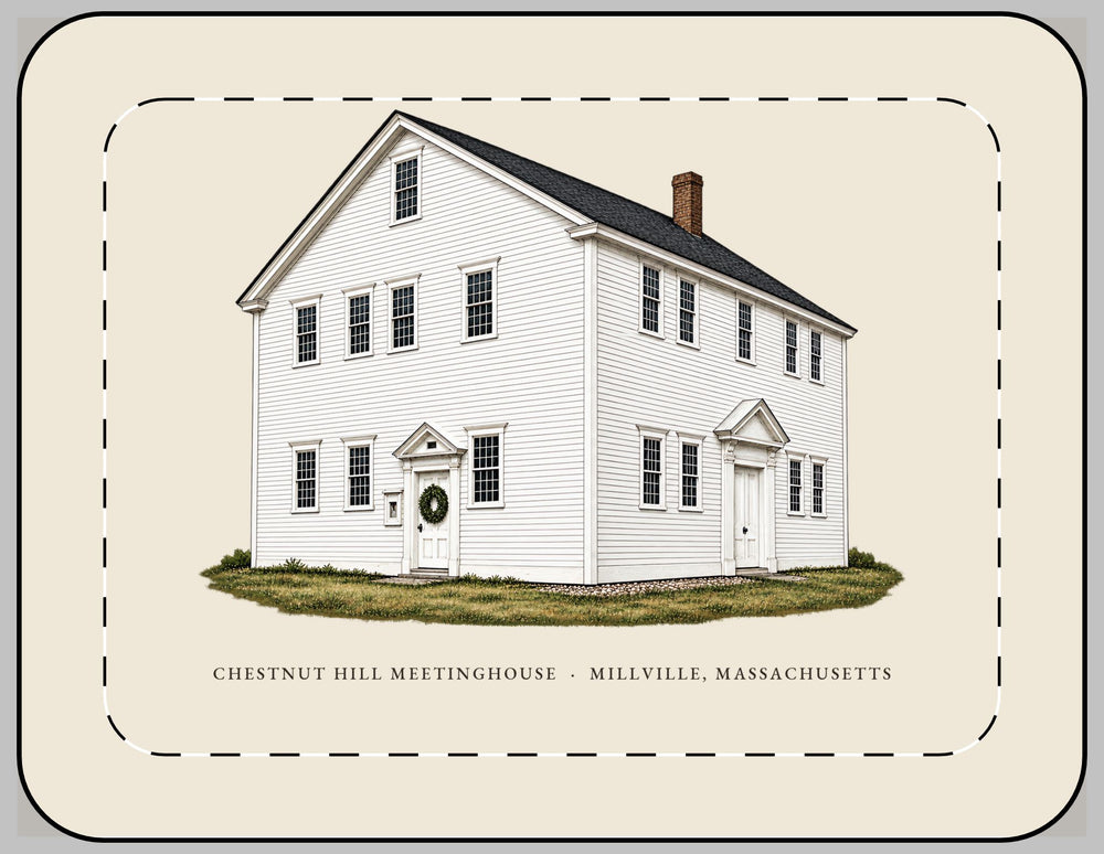 Millville Chestnut Hill Meetinghouse 13-inch laptop sleeve mockup showing the full illustrated print