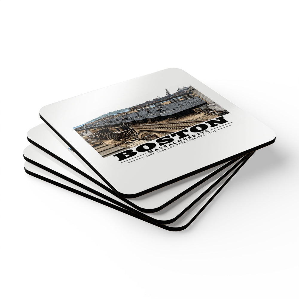 Illustrated Tank Lighters at Boston Navy Yard in Charlestown on corkwood coaster set