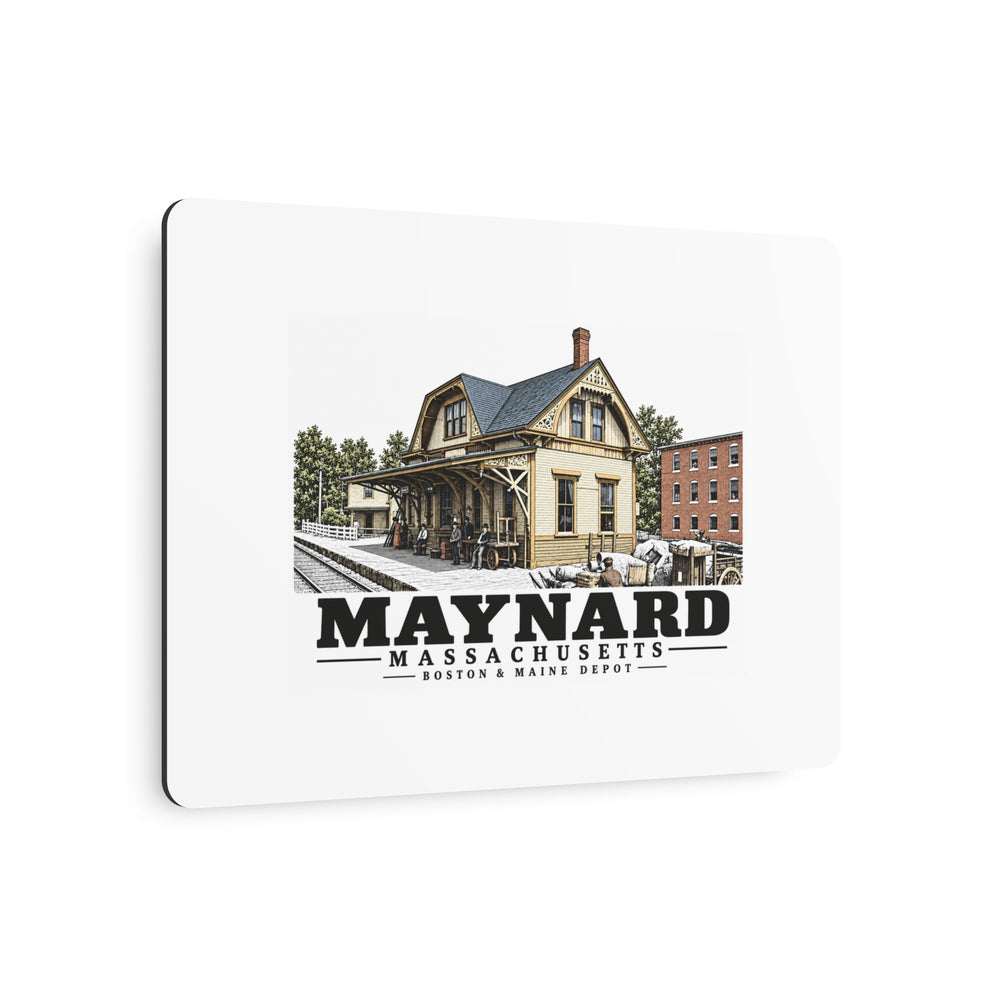 Illustrated Boston & Maine Depot in Maynard on metal art sign