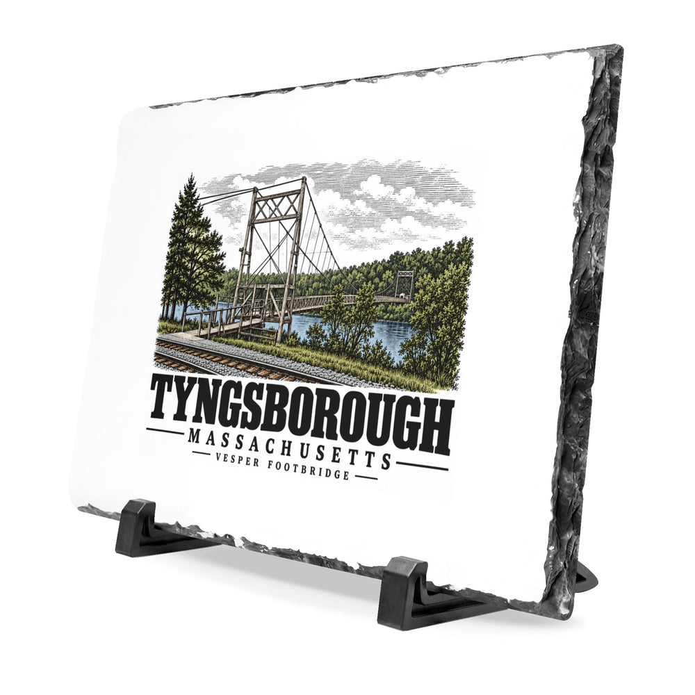 Angled front on display stands of Vesper Footbridge slate desk plaque, with Tyngsborough, Massachusetts artwork and lettering.