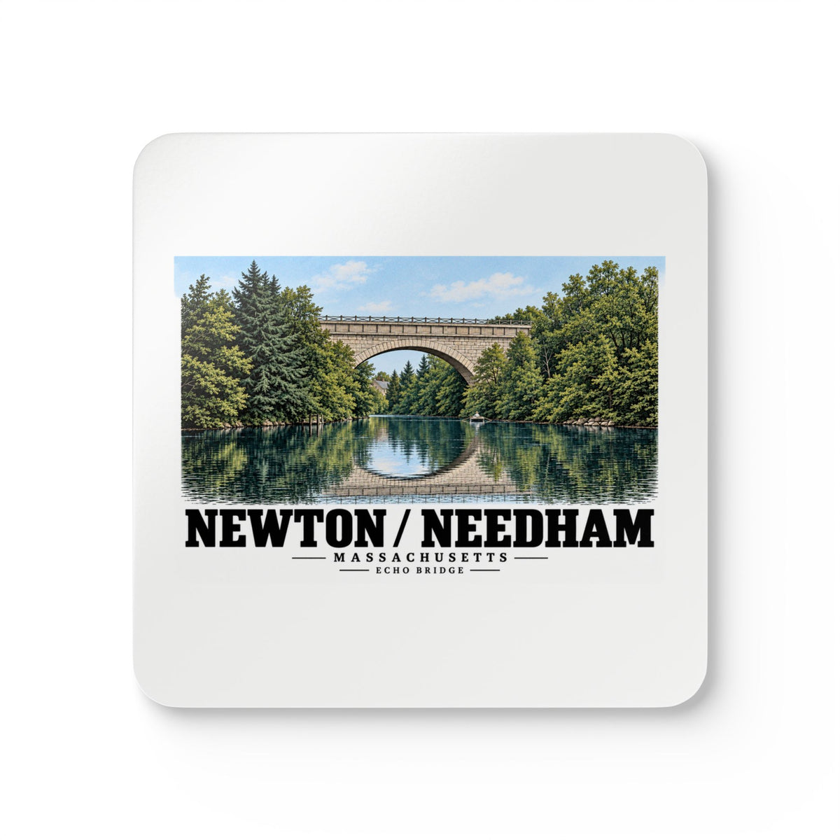 Coaster printed front with Echo Bridge artwork and Newton/Needham lettering