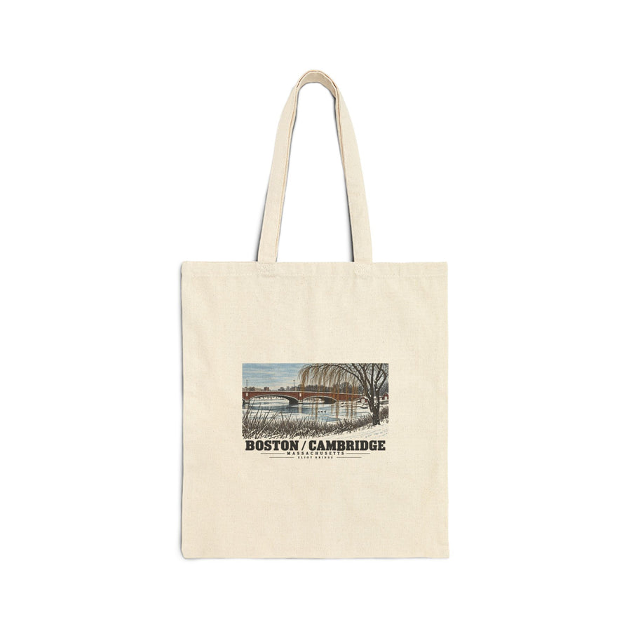Natural fabric tote with Eliot Bridge winter river view with snow and bare trees artwork and Boston/Cambridge lettering