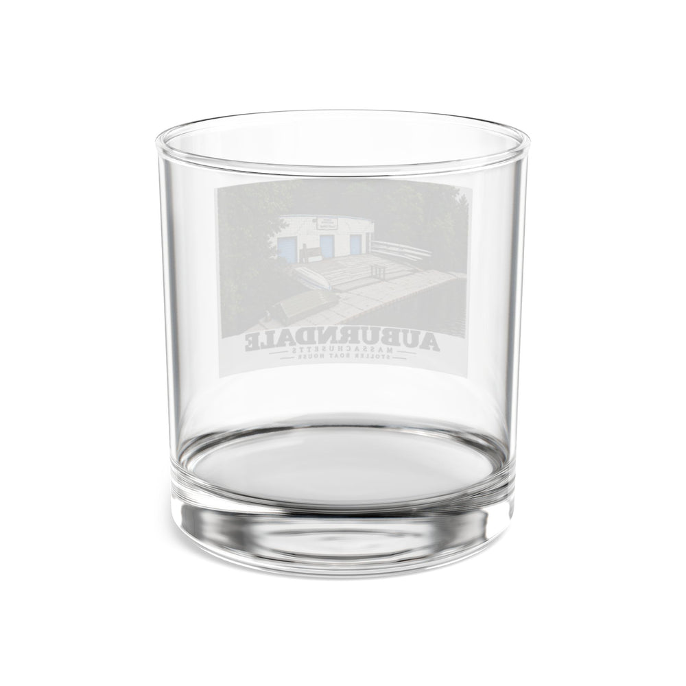 Back view of the clear rocks glass showing the reverse of the Stoller Boathouse artwork through the glass.