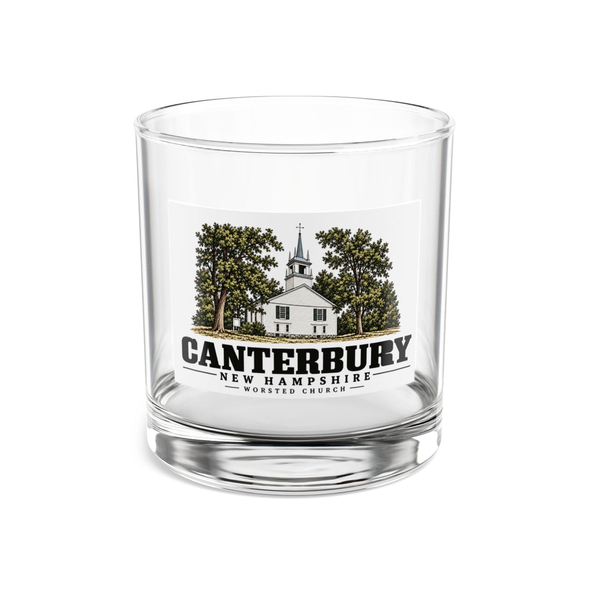 Front of Worsted Church rocks glass, with Canterbury, New Hampshire artwork and lettering.