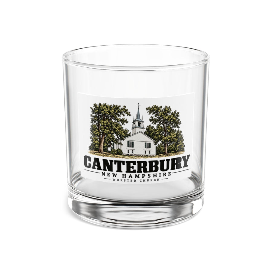 Front of Worsted Church rocks glass, with Canterbury, New Hampshire artwork and lettering.