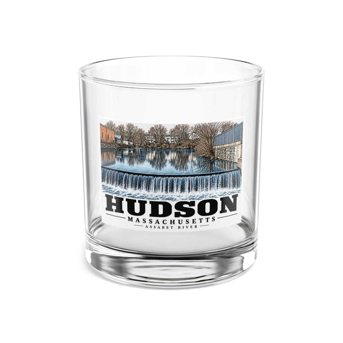 Illustrated Assabet River in Hudson on rocks glass