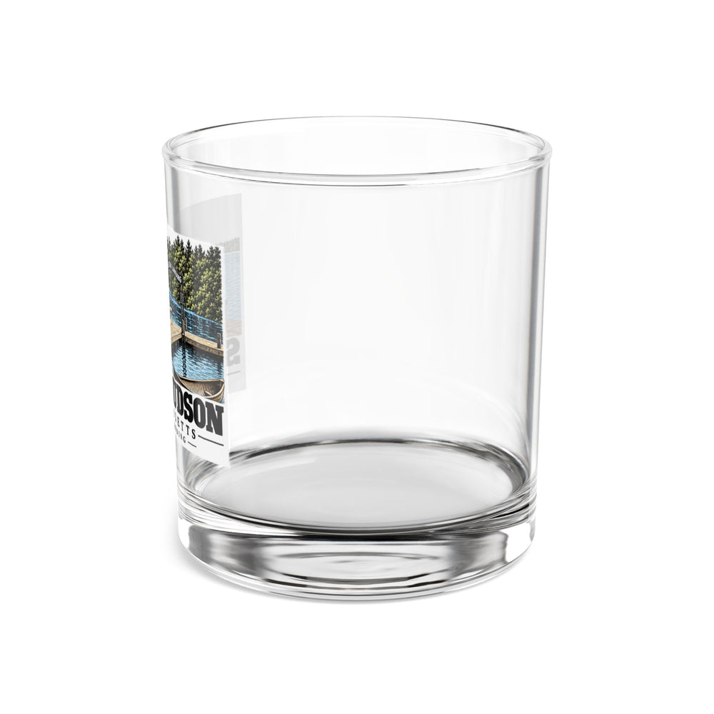 Illustrated Lake Boon Landing in Stow and Hudson on rocks glass
