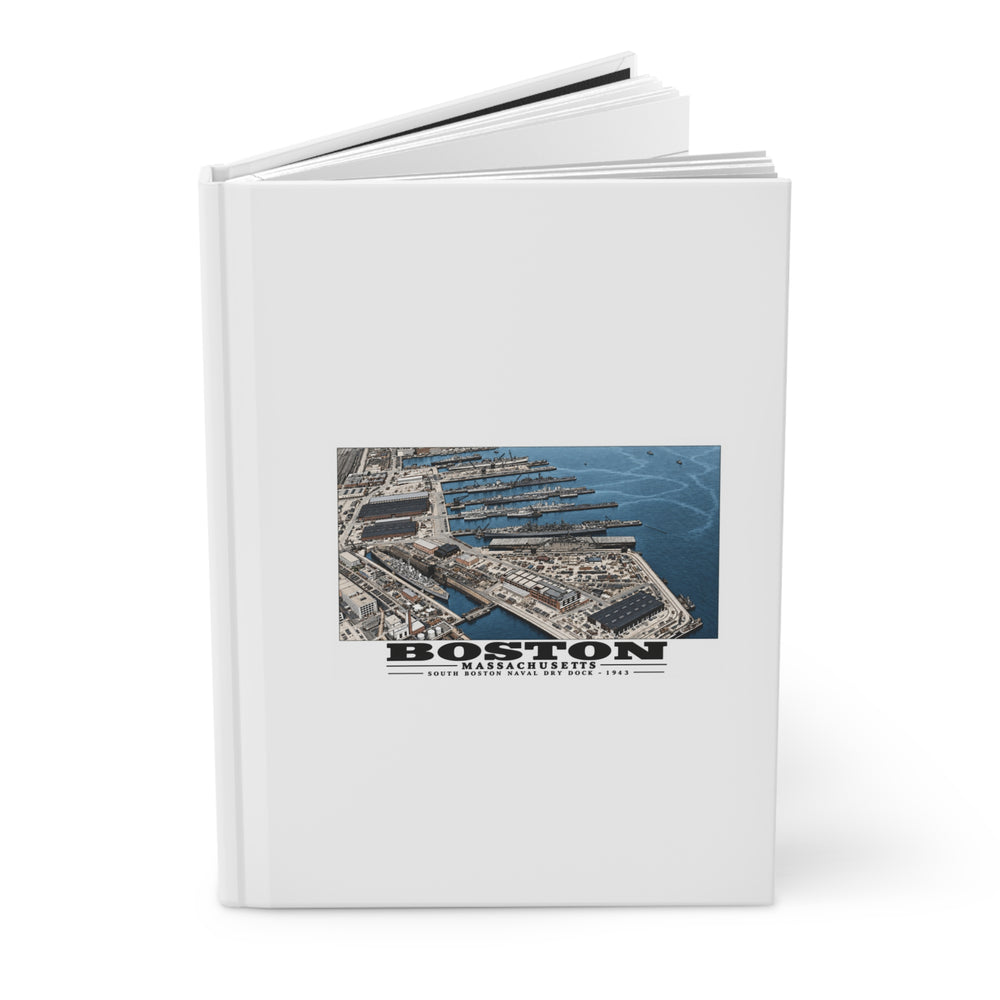 Aerial view of US Naval Dry Dock-BB-61 USS IOWA in dry dock #3-USS BUNKER HILL at East Jetty-AP-21 USS WAKEFIELD at pier Matte Hardcover Journal - Boston Harbor
