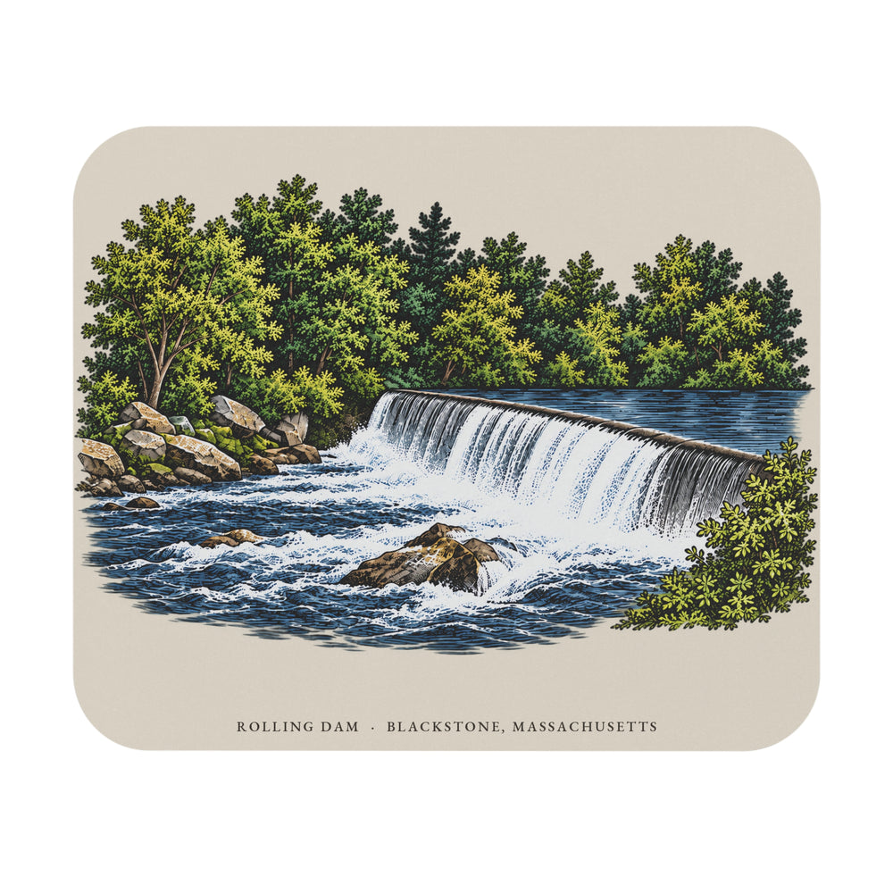 Blackstone Rolling Dam mouse pad mockup showing the full illustrated print