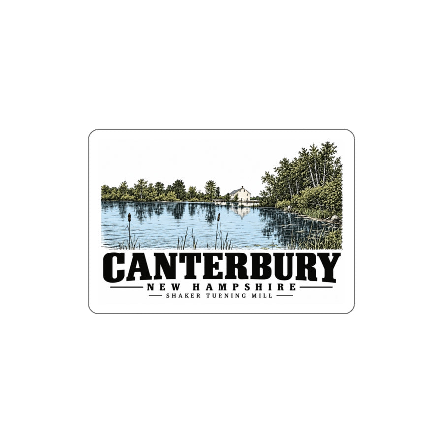 Front of Shaker turning mill and pond white die-cut sticker, with Canterbury, New Hampshire artwork and lettering.