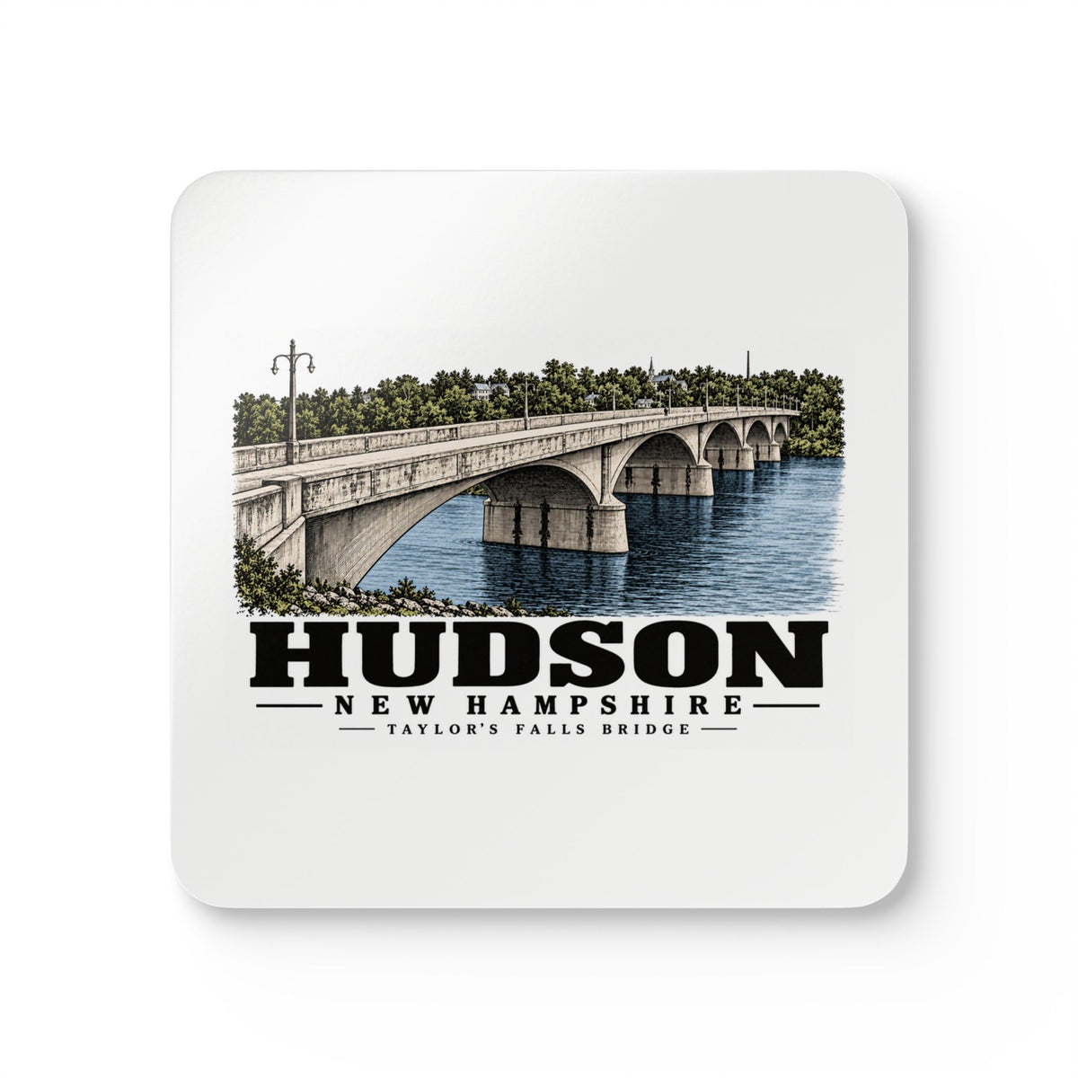 Front of Taylor’s Falls Bridge square cork-backed coaster set, Hudson, New Hampshire.