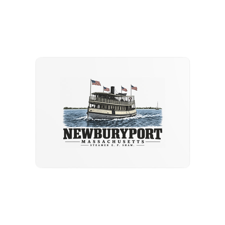 Front of Steamer E. P. Shaw metal wall art, with Newburyport, Massachusetts artwork and lettering.
