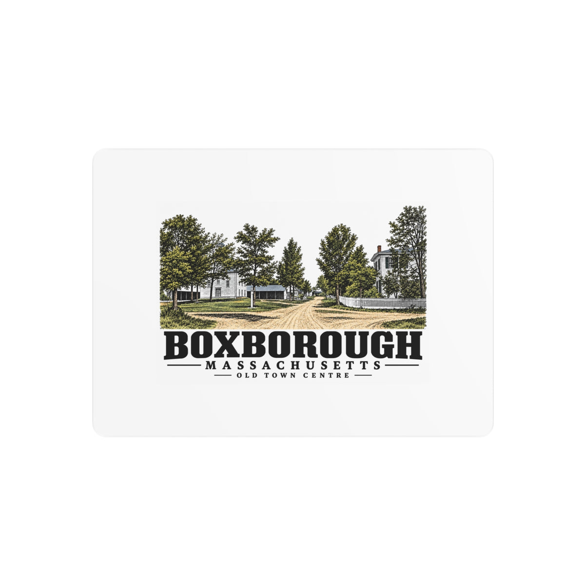 Illustrated Old Town Centre in Boxborough on metal art sign