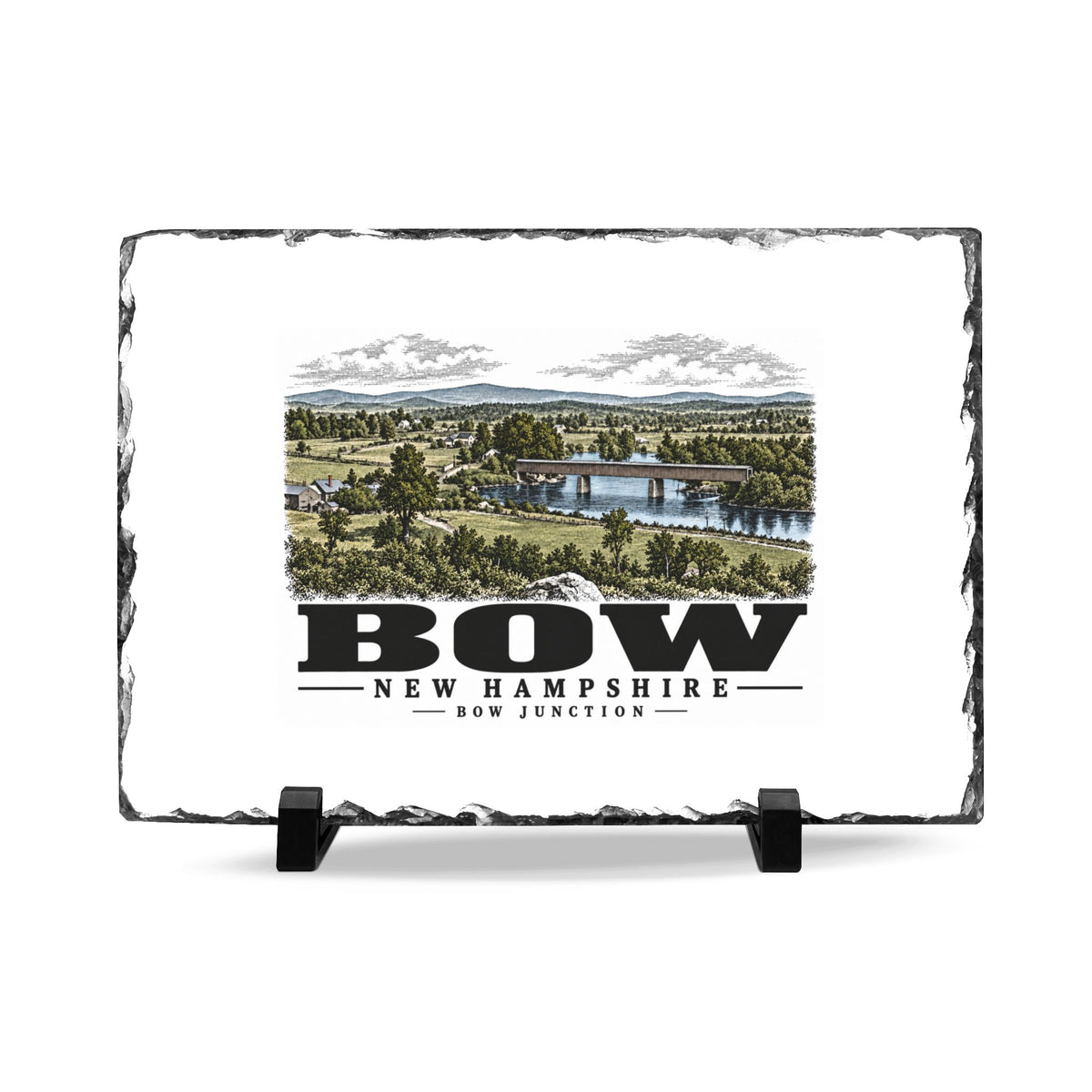 Illustrated Merrimack River and covered railroad bridge at Bow Junction in Bow on slate desk plaque