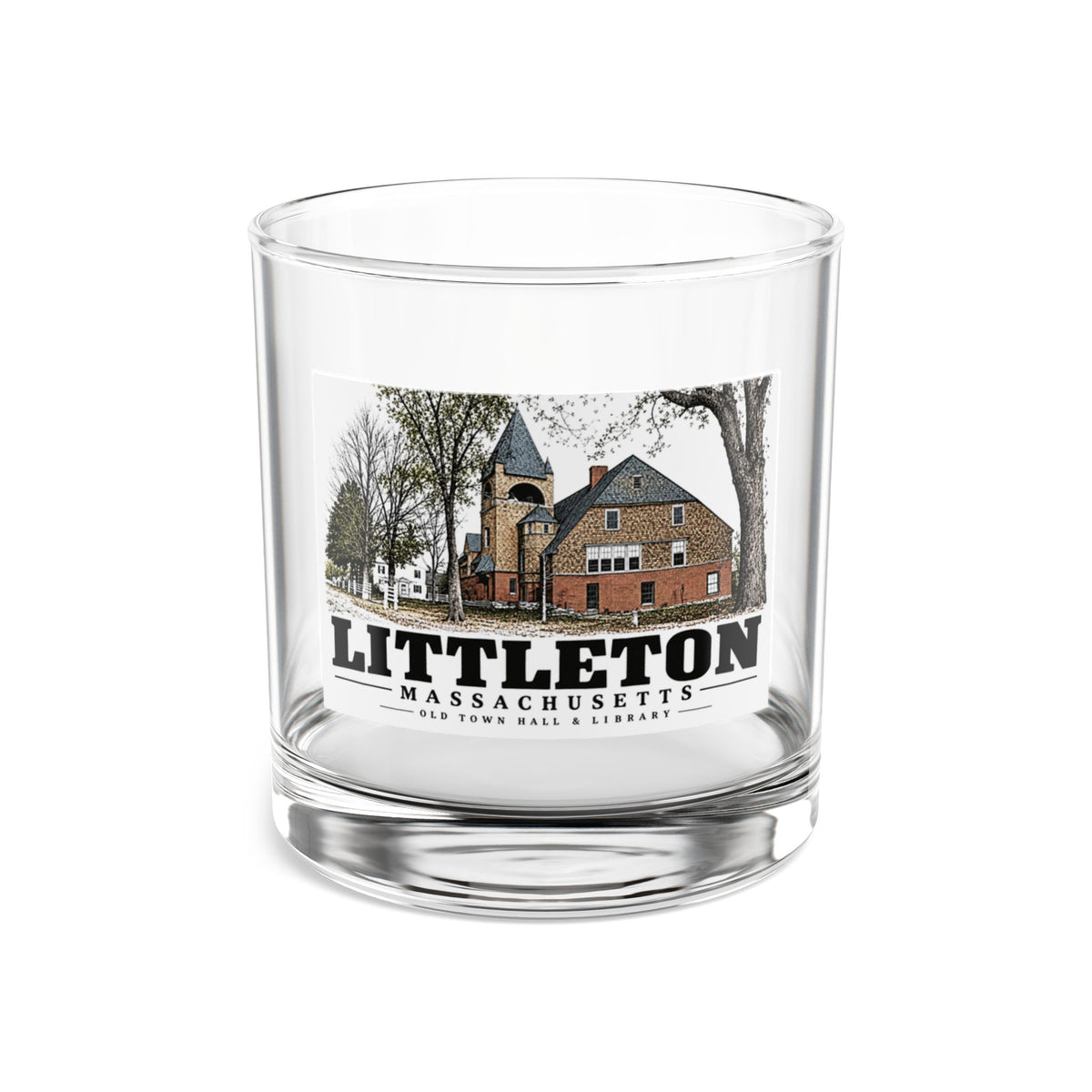 Illustrated Old Town Hall & Library in Littleton on rocks glass