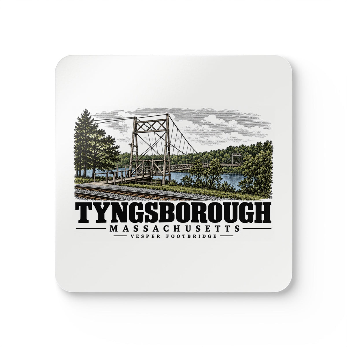 Tyngsborough Vesper suspension footbridge and railroad approach Cork Back Coaster Set - Merrimack Valley Goods