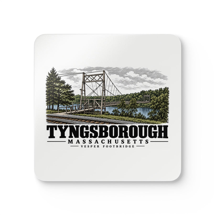 Tyngsborough Vesper suspension footbridge and railroad approach Cork Back Coaster Set - Merrimack Valley Goods