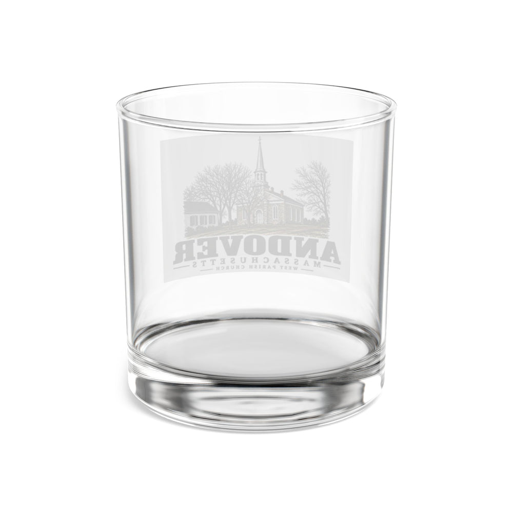Transparent reverse of West Parish Church rocks glass, with Andover, Massachusetts artwork and lettering.