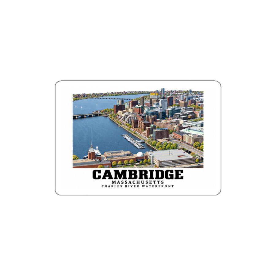 White bordered sticker showing Cambridge Charles River waterfront aerial city view artwork and Cambridge lettering