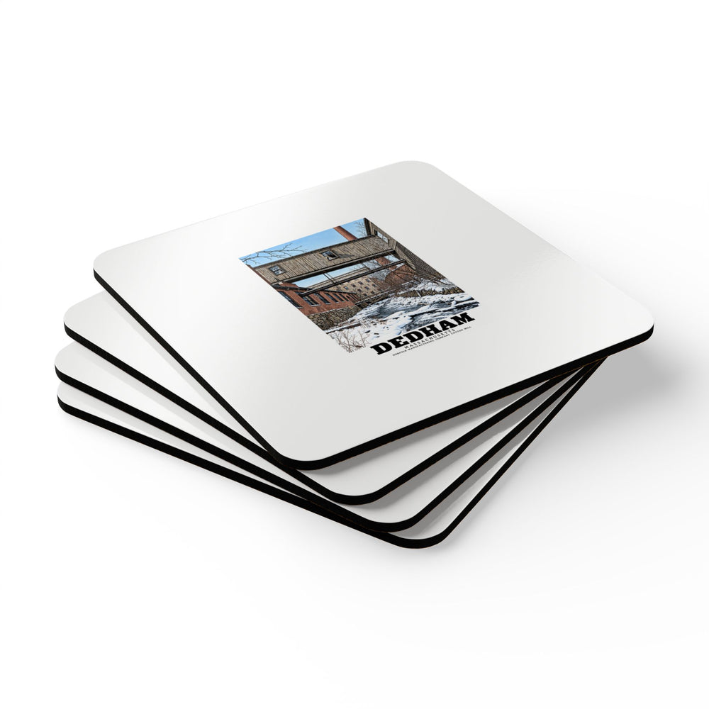 Illustrated Norfolk Manufacturing Company Cotton Mill in Dedham on corkwood coaster set