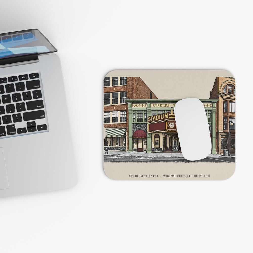 Woonsocket Stadium Theatre mouse pad mockup showing the full illustrated print