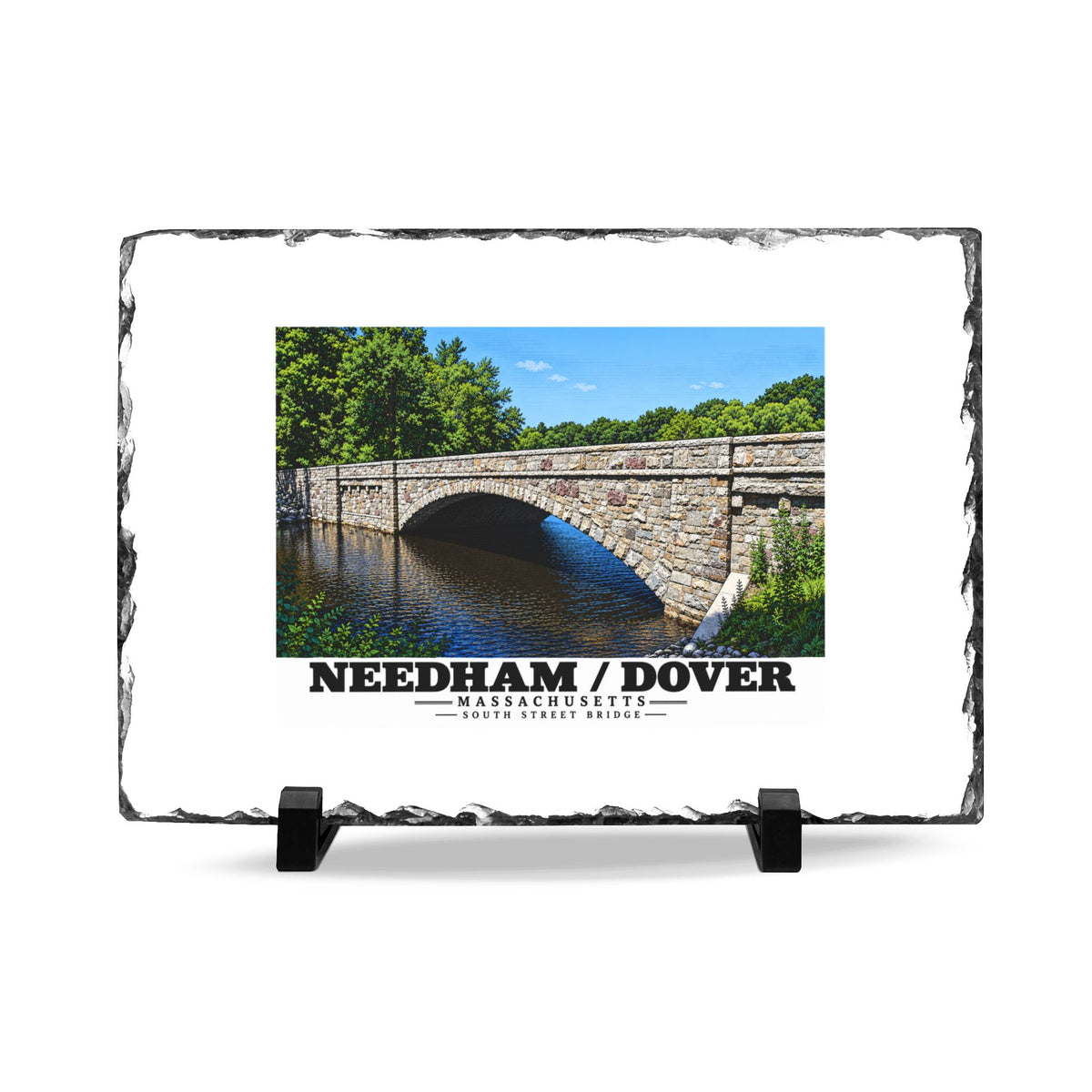Rough-edged slate display on two black stands with South Street Bridge stone arch and river artwork and Needham/Dover lettering