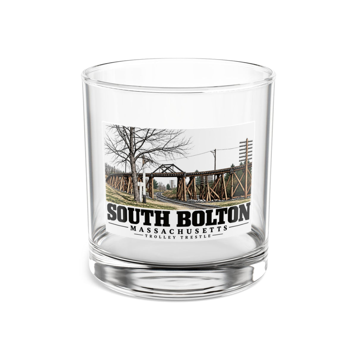 Illustrated Trolley Trestle in South Bolton on rocks glass