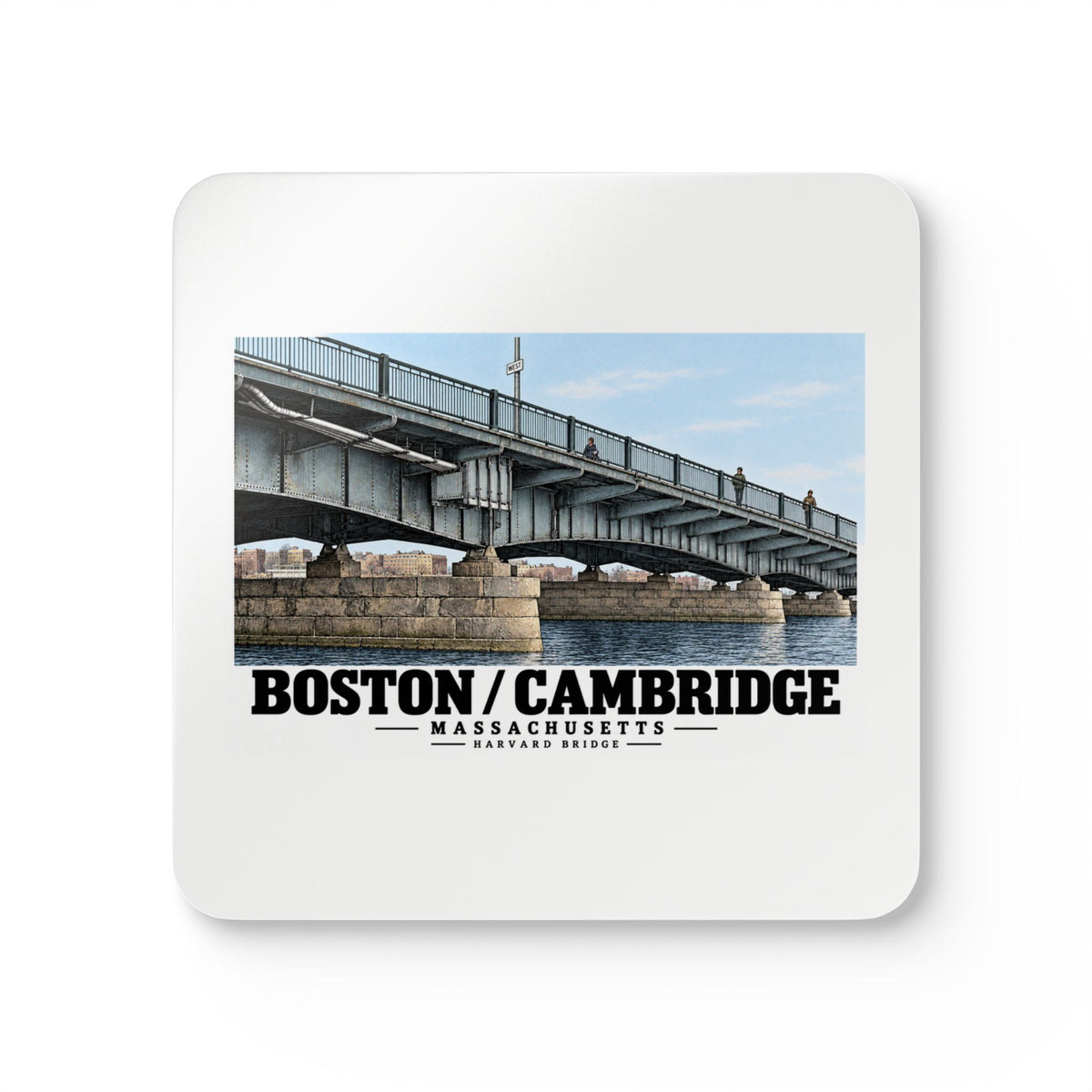 Coaster printed front with Harvard Bridge artwork and Boston/Cambridge lettering