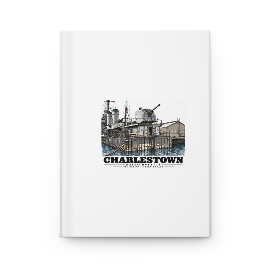 Front of matte hardcover journal with USS Nelson stern repair artwork and Charlestown lettering