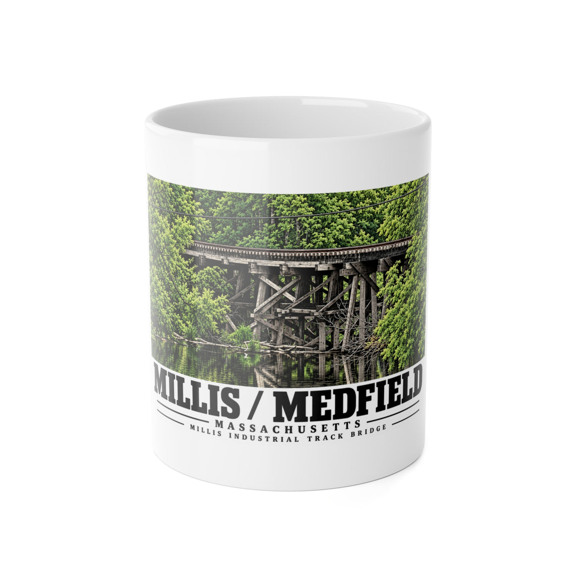 White mug showing Millis Industrial Track wooden railway trestle and green foliage artwork and Millis/Medfield lettering