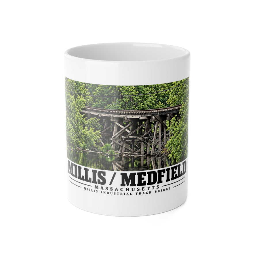 White mug showing Millis Industrial Track wooden railway trestle and green foliage artwork and Millis/Medfield lettering