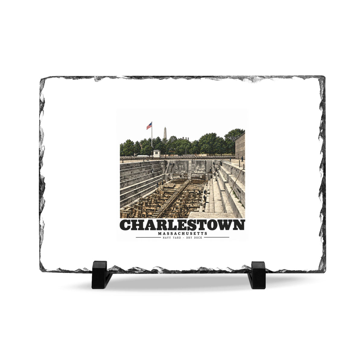 Front of 11 x 7 inch slate plaque with dry-dock artwork and Charlestown lettering