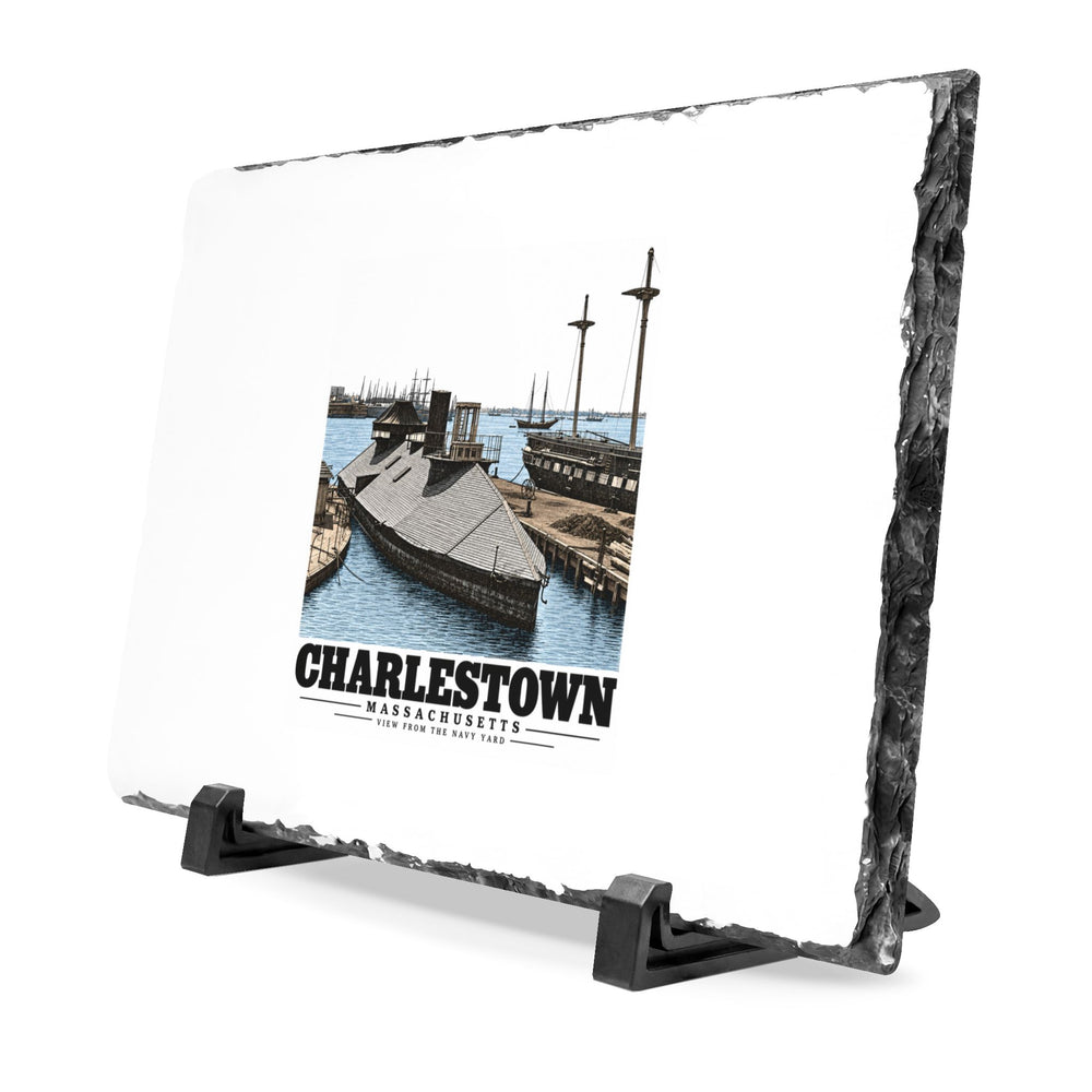 Angled Navy Yard waterfront slate plaque showing chiseled edge and display stand