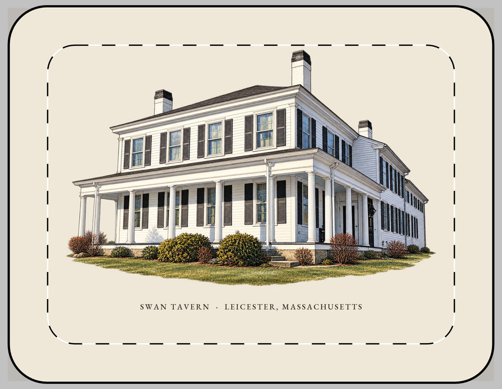 Leicester Swan Tavern 13-inch laptop sleeve mockup showing the full illustrated print