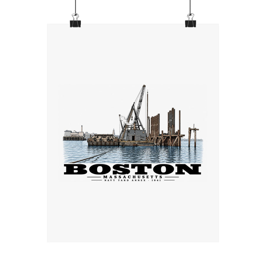View from water of Navy Yard Annex/Dry Dock Matte Heritage Poster — 11 × 14 and 18 × 24 in - Boston Harbor
