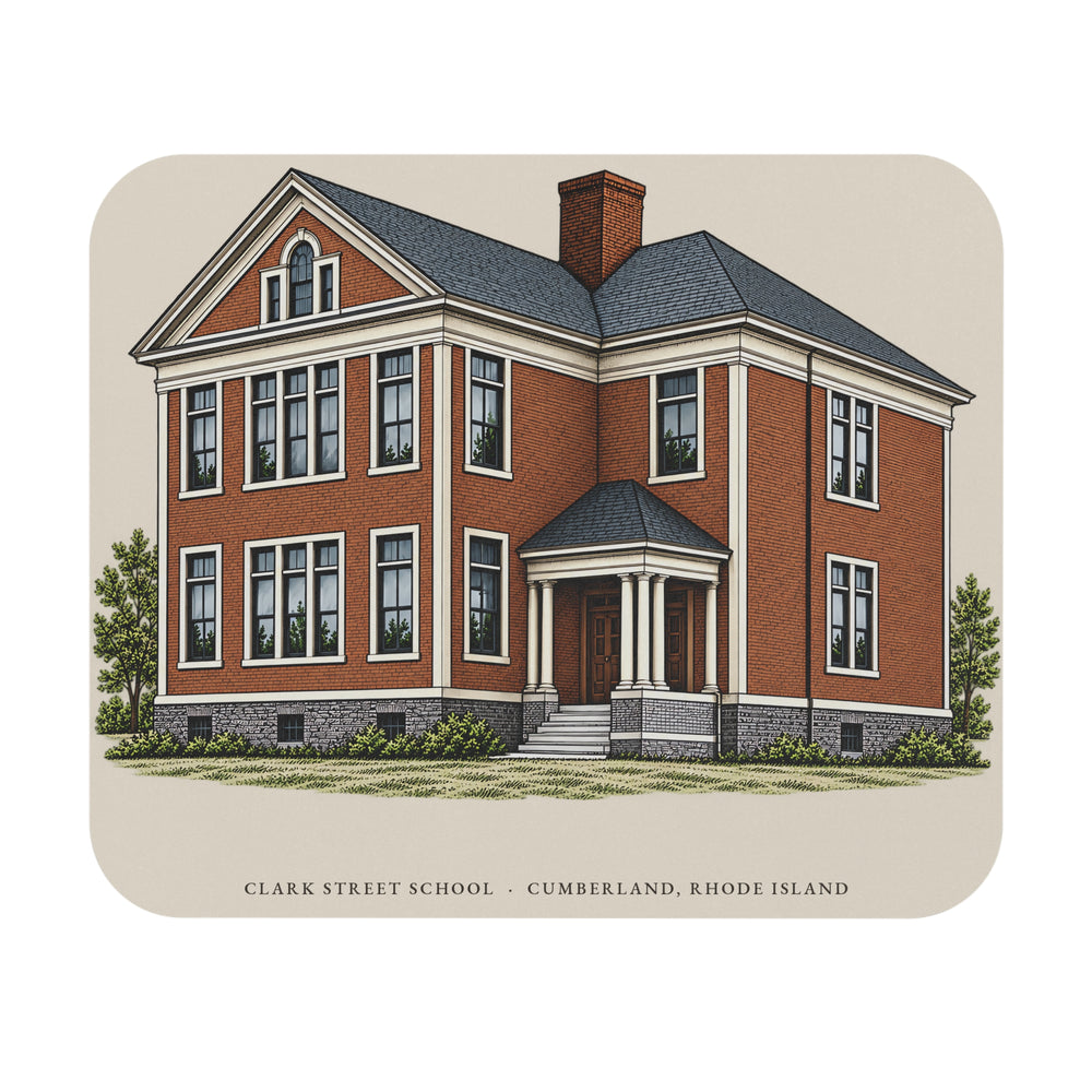 Cumberland Clark Street School mouse pad mockup showing the full illustrated print