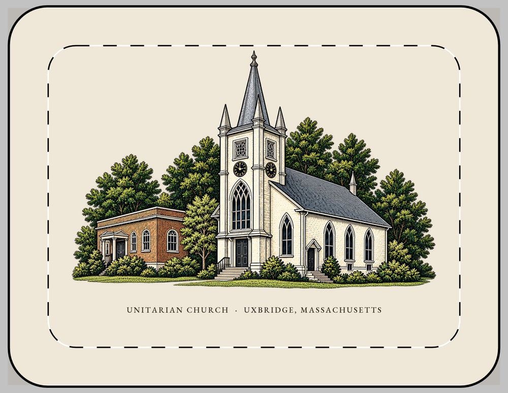 Uxbridge Unitarian Church 13-inch laptop sleeve mockup showing the full illustrated print