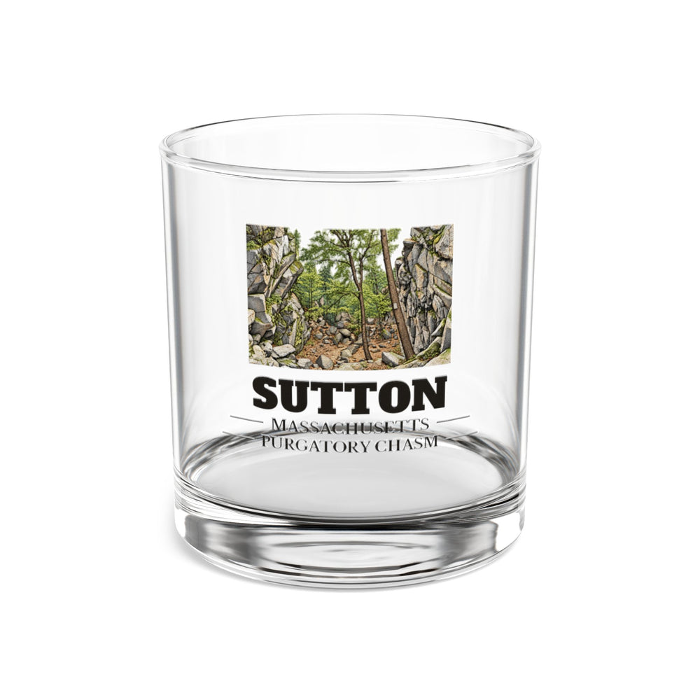 Front view of the Sutton Purgatory Chasm artwork printed on a clear 10 oz rocks glass