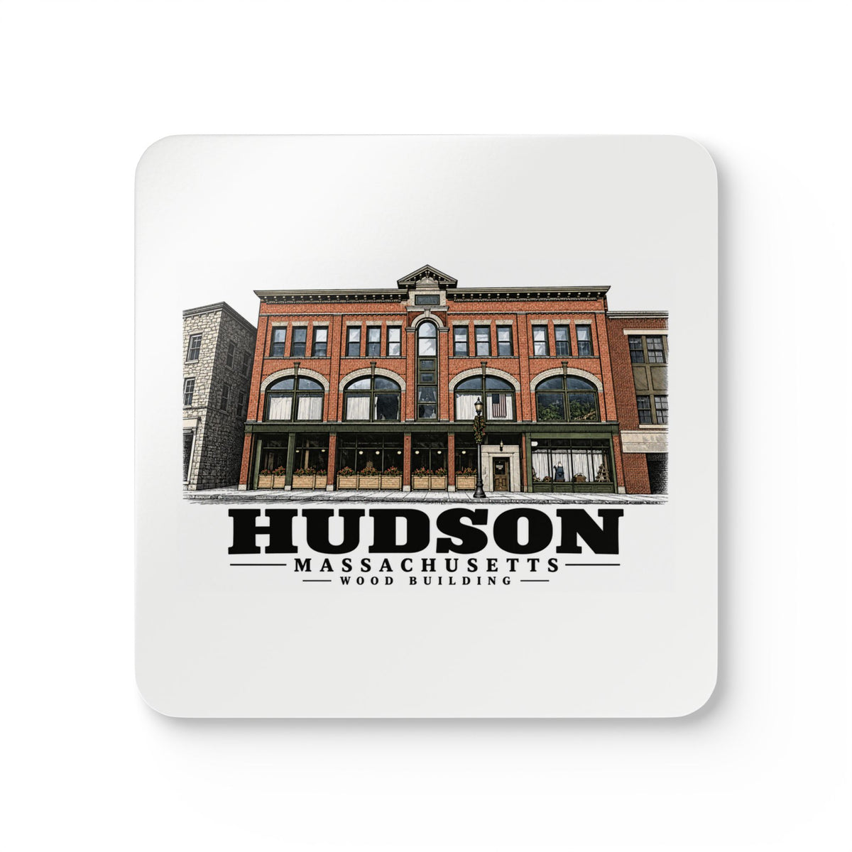 Illustrated Wood Building in Hudson on corkwood coaster set