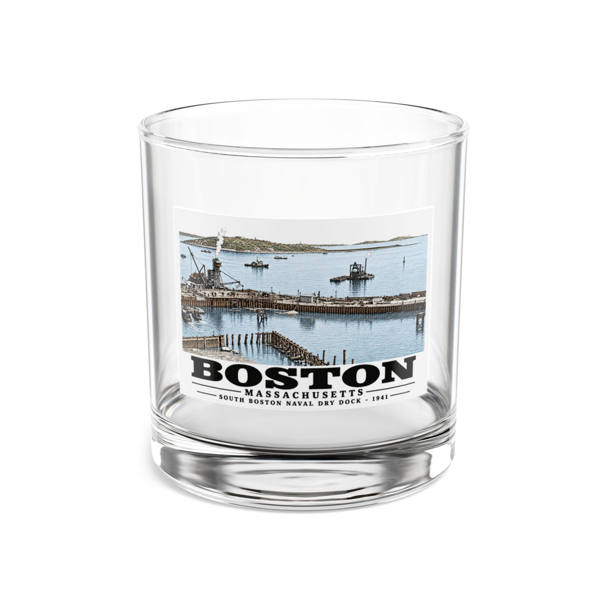 South Boston Dry Dock Area April 16-41 from roof of elevator shaft SE 10 oz Rocks Glass - Boston Harbor